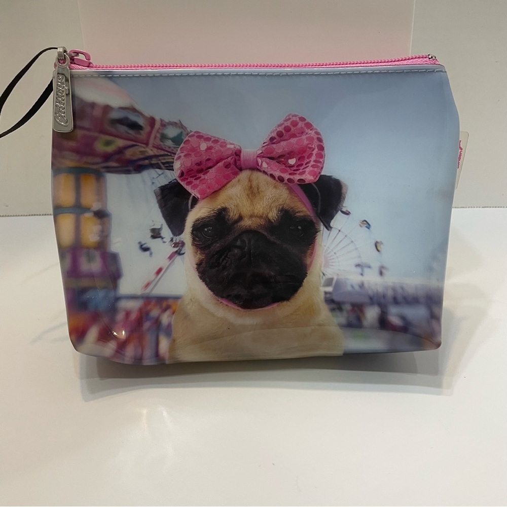 Catseye London Pug Dog Cosmetic Bag with Pink Bow. Zipper. Used. Vinyl.